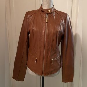Michael Kors 100% Leather Camel Color Bomber Jacket Size Medium